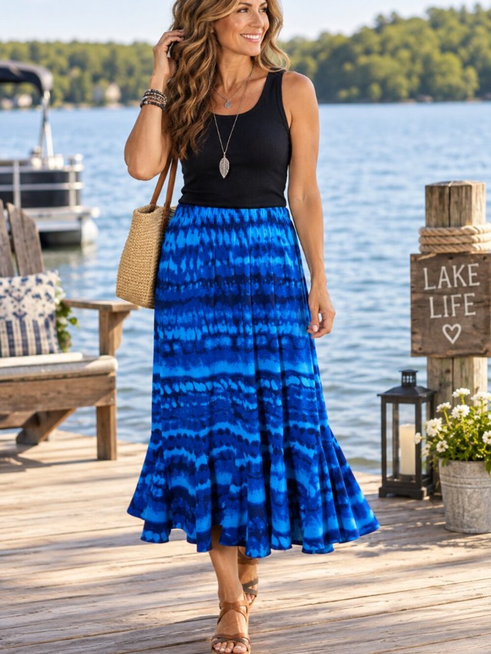Tie-Dye Midi Skirt w/ Godet Ruffles Silky-Feeling Poly Blend TanJay Blue Sz 10